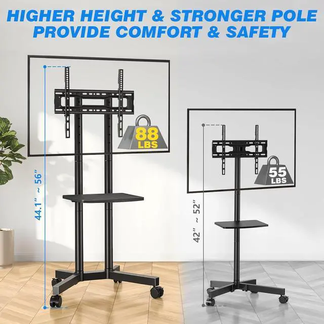 Alt view image 2 of 7 - Rolling TV Stand with Laptop Shelf, Mobile TV Stand with Upgraded Wheels for 32-70 Inch TVs, Height Adjustable Mobile TV Cart up to 88lbs, Portable TV Stand for Outdoor, Home, Office