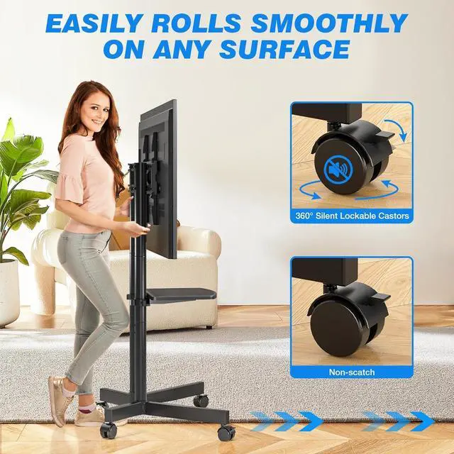Alt view image 4 of 7 - Rolling TV Stand with Laptop Shelf, Mobile TV Stand with Upgraded Wheels for 32-70 Inch TVs, Height Adjustable Mobile TV Cart up to 88lbs, Portable TV Stand for Outdoor, Home, Office