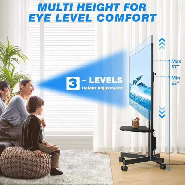 Alt view image 4 of 7 - Mobile TV Cart with Power Outlet, Rolling TV Stand for 23-60 Inch LCD LED OLED Flat Panel Curved Screen TVs up to 88 lbs, Height Adjustable Portable TV Stand with Wheels, Max VESA 400x400mm