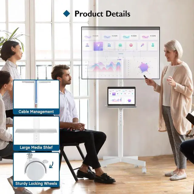 Alt view image 4 of 7 - Mobile TV Stand, Rolling TV Stand for 23-60 Inch Screens, Adjustable Floor TV Stand with Locking Wheels and Media Shelf, Compatible with VESA 75x75mm to 400x400mm, Holds up to 88 lbs,White