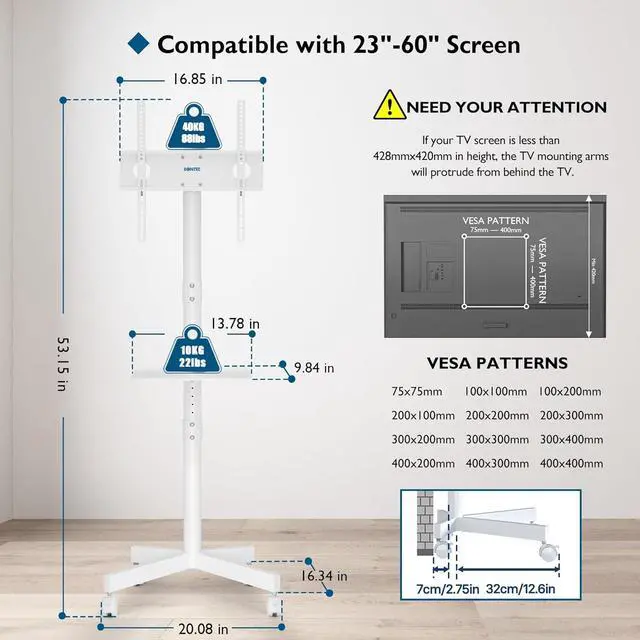 Alt view image 5 of 7 - Mobile TV Stand, Rolling TV Stand for 23-60 Inch Screens, Adjustable Floor TV Stand with Locking Wheels and Media Shelf, Compatible with VESA 75x75mm to 400x400mm, Holds up to 88 lbs,White