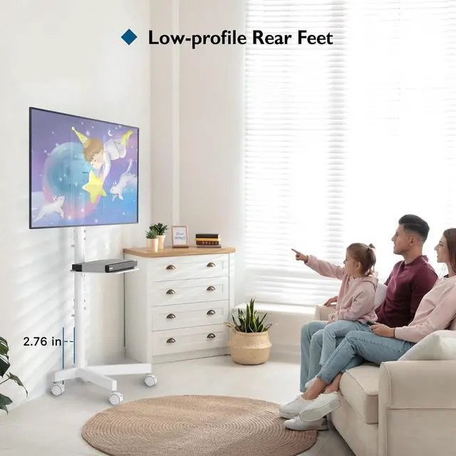 Alt view image 6 of 7 - Mobile TV Stand, Rolling TV Stand for 23-60 Inch Screens, Adjustable Floor TV Stand with Locking Wheels and Media Shelf, Compatible with VESA 75x75mm to 400x400mm, Holds up to 88 lbs,White