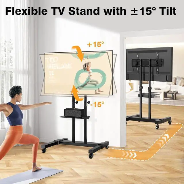 Alt view image 2 of 6 - Furniture Mobile TV Stand Rolling TV Cart Floor Stand with Mount on Lockable Wheels Height Adjustable for 32-83 Inch TV Stand Flat Screen or Curved TVs Monitors Display Trolley Loading 110 lbs
