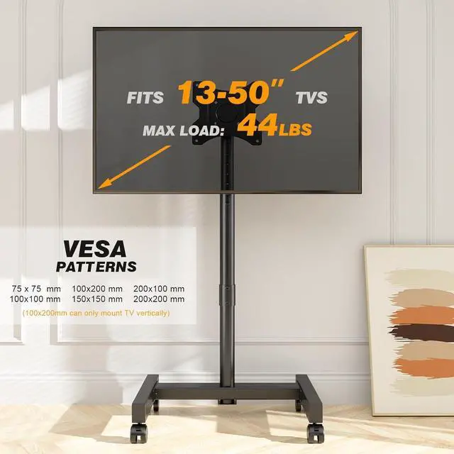Alt view image 5 of 5 - Rolling TV Stand, Mobile TV Cart for 13-50 Inch Flat Curved TV with Tilting and Rotating, Portrait to Landscape, Height Adjustable Portable TV Stand with Wheels for Home/Office/Outdoor/Mall