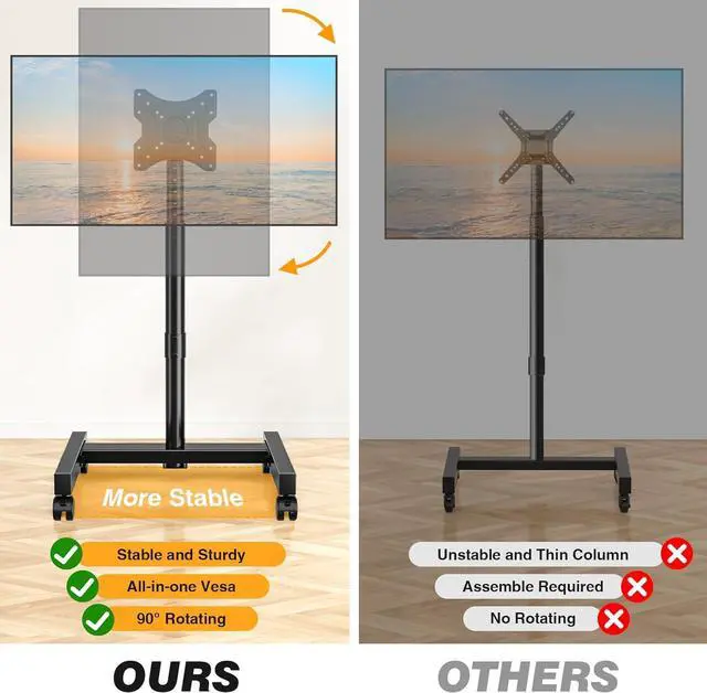 Alt view image 3 of 5 - Rolling TV Stand, Mobile TV Cart for 13-50 Inch Flat Curved TV with Tilting and Rotating, Portrait to Landscape, Height Adjustable Portable TV Stand with Wheels for Home/Office/Outdoor/Mall