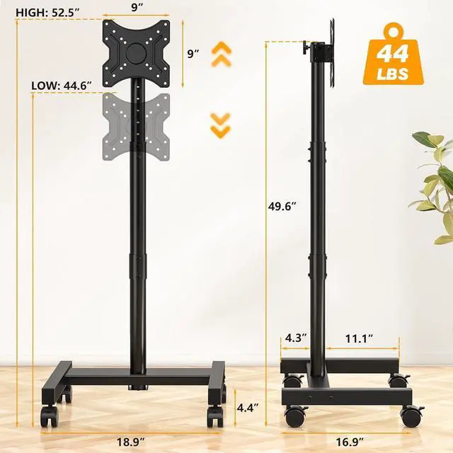 Alt view image 4 of 5 - Rolling TV Stand, Mobile TV Cart for 13-50 Inch Flat Curved TV with Tilting and Rotating, Portrait to Landscape, Height Adjustable Portable TV Stand with Wheels for Home/Office/Outdoor/Mall