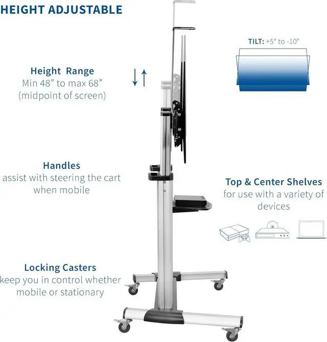 Alt view image 4 of 7 - Ultra Heavy Duty Mobile 32 to 100 inch TV Stand for Flat Screens, Adjustable, Rolling TV Cart Mount with Wheels STAND-TV22S