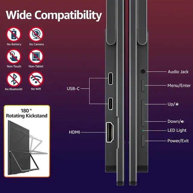 Alt view image 7 of 7 - Large Portable Monitor-18.5 Inch Computer Gaming Display 100Hz 125% sRGB FHD 1080P USB-C HDMI IPS Screen for Laptop Mac Surface PC PS4/PS5 Xbox Built-in Kickstand, Speakers, VESA Mountable