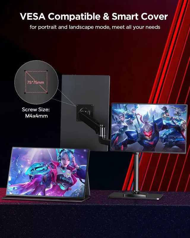 Alt view image 5 of 7 - 2K 120Hz Portable Gaming Monitor, 16" 2560x1600 QHD Portable Monitor HDR FreeSync Laptop Monitor w/VESA & Smart Case Matte IPS Eye Care External Second Screen for PC Phone Game Console