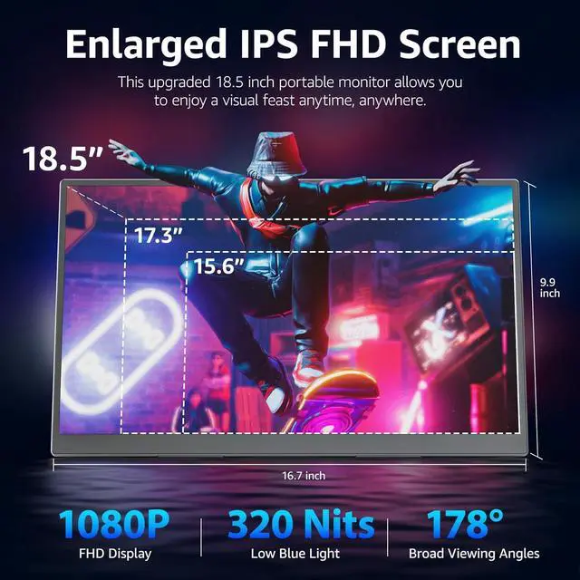 Alt view image 3 of 7 - Portable Monitor 18.5 inch 1080P FHD 100Hz 125% sRGB HDMI USB-C Large Portable Monitor for Laptop MacBook Xbox PS4/5, Travel Monitor with Kickstand, VESA Compatible