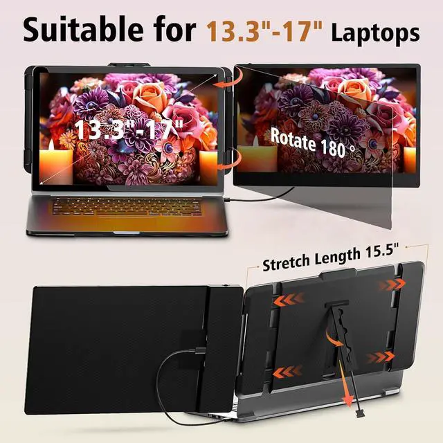 Alt view image 4 of 7 - Laptop Screen Extender Dual Monitor - 14" Portable Monitor IPS FHD 1080P Attachment Extended Extra Screen USB-C HDMI Port Compatible with Wins Mac Dex Chrome Travel Work Fits 13"-17" Laptops