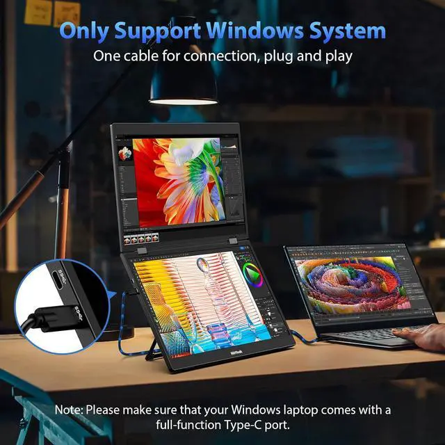 Alt view image 2 of 7 - Triple Laptop Screen Extender, 15.6" 1080P FHD IPS Folding Stacked Portable Dual Monitor, USB C Travel Extended Computer Display w/VESA, 180°Rotation, Plug & Play for Laptops (Windows Only)