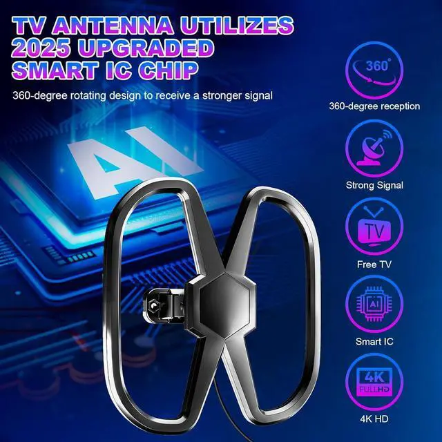 Alt view image 5 of 7 - TV Antenna Support 2 TVS, 2100+ Miles Long Range Digital Antenna for Smart TV Indoor/Outdoor, Strongest Amplifier Signal Booster for Local Channels, 360° Reception-Support 8K 4K 1080p HDTV-36ft Cable