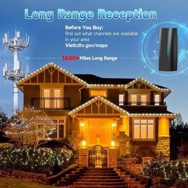 Alt view image 3 of 7 - 1600+ Miles Range Strongest TV Antenna, Digital TV Antenna for Smart TV Indoor with Amplifier and Signal Booster, HD Antenna for TV Outdoor for Local Channels-Support 8K, 4K, 1080P - 36ft Coax Cable