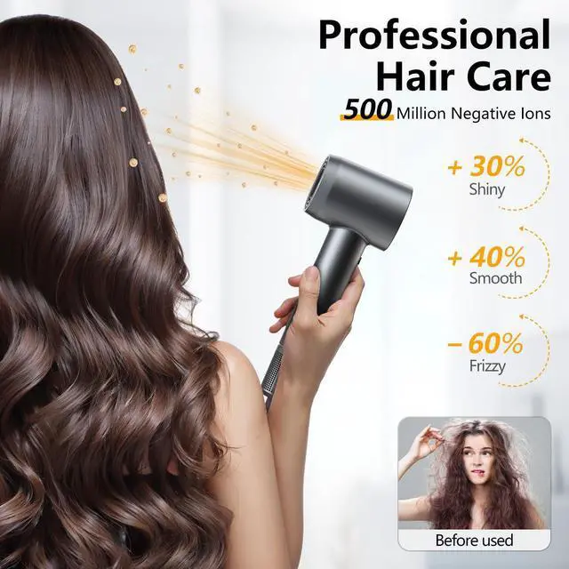Alt view image 3 of 7 - Hair Dryer, 160000 RPM Professional High-Speed Blow Dryer 500 Millions Negative Ionic Care Hair Dryer for Fast Drying, Low Noise Thermo-Control Hairdryer, Travel with Magnetic Diffuser & Nozzle, Gray