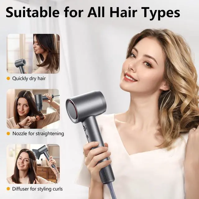 Alt view image 7 of 7 - Hair Dryer, 160000 RPM Professional High-Speed Blow Dryer 500 Millions Negative Ionic Care Hair Dryer for Fast Drying, Low Noise Thermo-Control Hairdryer, Travel with Magnetic Diffuser & Nozzle, Gray