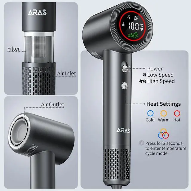 Alt view image 3 of 6 - Hair Dryer, Negative Ionic Blow Dryer with 140000 RPM Professional High-Speed Blow Dryer, Brushless Motor for Fast Drying, Low Noise Thermo-Control Hairdryer with Magnetic Nozzle