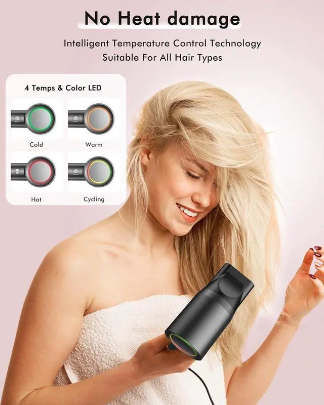 Alt view image 4 of 6 - Hair Dryer, 160000 RPM Professional High Speed Ionic Blow Dryer for Fast Drying,500 Millions Negative Ions Care & Heat-Control & Low Noise Hair dryer with Magnetic Diffuser and Nozzle, No Heat Damage