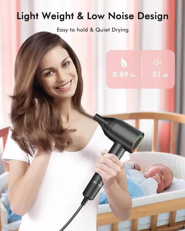 Alt view image 5 of 6 - Hair Dryer, 160000 RPM Professional High Speed Ionic Blow Dryer for Fast Drying,500 Millions Negative Ions Care & Heat-Control & Low Noise Hair dryer with Magnetic Diffuser and Nozzle, No Heat Damage