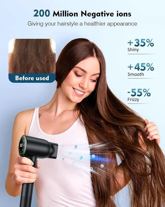 Alt view image 4 of 6 - 160000 RPM High Speed Hair Dryer,200 Million Negative Ionic Blow Professional Dryer for Fast Drying, Low Noise Thermo-Control Hair-Dryer-with-Diffuser and Nozzle