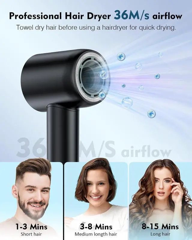 Alt view image 5 of 6 - 160000 RPM High Speed Hair Dryer,200 Million Negative Ionic Blow Professional Dryer for Fast Drying, Low Noise Thermo-Control Hair-Dryer-with-Diffuser and Nozzle
