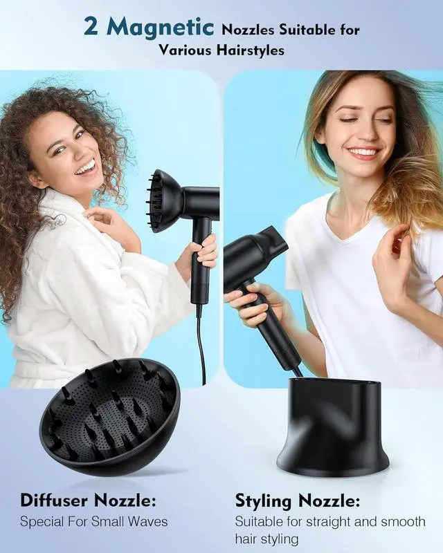 Alt view image 6 of 6 - 160000 RPM High Speed Hair Dryer,200 Million Negative Ionic Blow Professional Dryer for Fast Drying, Low Noise Thermo-Control Hair-Dryer-with-Diffuser and Nozzle