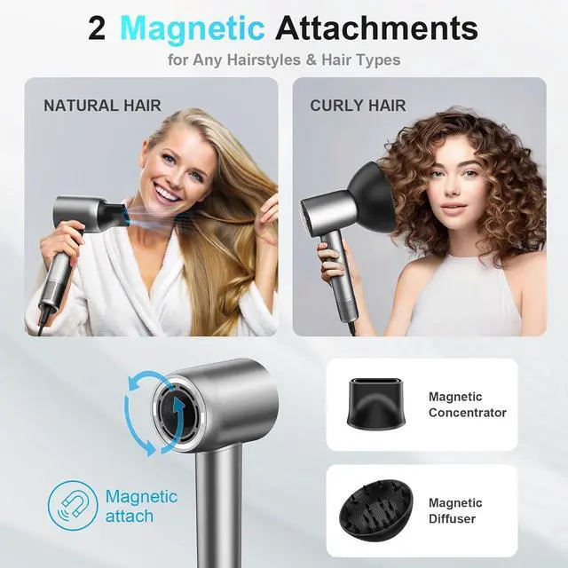 Alt view image 5 of 7 - Hair Dryer, 160000 RPM Professional High Speed Ionic Blow Dryer for Fast Drying, 5 Temps/3 Speeds Lightweight Hairdryer with Magnetic Diffuser for Curly Hair for Home Travel Salon, Silver