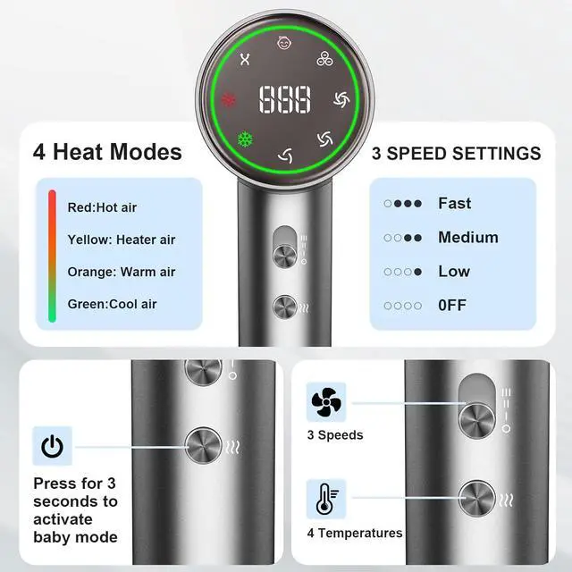 Alt view image 7 of 7 - Hair Dryer, 160000 RPM Professional High Speed Ionic Blow Dryer for Fast Drying, 5 Temps/3 Speeds Lightweight Hairdryer with Magnetic Diffuser for Curly Hair for Home Travel Salon, Silver