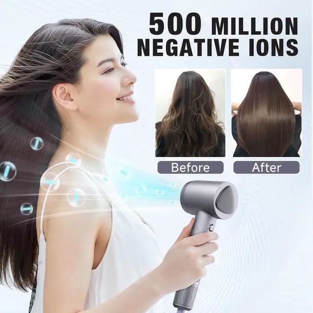 Alt view image 2 of 6 - Hair Dryer, 160000 RPM Portable Professional Ionic Hair Dryer with 500 Million Negative Ions, Fast-Drying, Low Noise with Diffuser & Nozzle, Lightweight for Home and Travel
