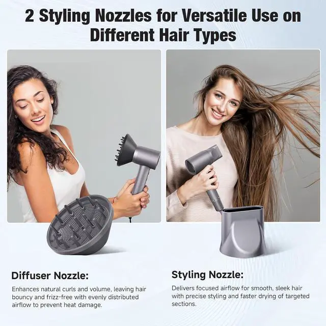 Alt view image 3 of 6 - Hair Dryer, 160000 RPM Portable Professional Ionic Hair Dryer with 500 Million Negative Ions, Fast-Drying, Low Noise with Diffuser & Nozzle, Lightweight for Home and Travel