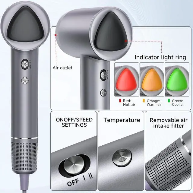 Alt view image 4 of 6 - Hair Dryer, 160000 RPM Portable Professional Ionic Hair Dryer with 500 Million Negative Ions, Fast-Drying, Low Noise with Diffuser & Nozzle, Lightweight for Home and Travel