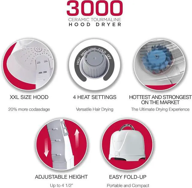 Alt view image 3 of 7 - Red by Kiss 3000 Ceramic Tourmaline Professional Hood Dryer, 4 Heat Settings Blow Dryer for Home & Salon, Height Adjustable Convenient Big Hood Size Extra Coverage