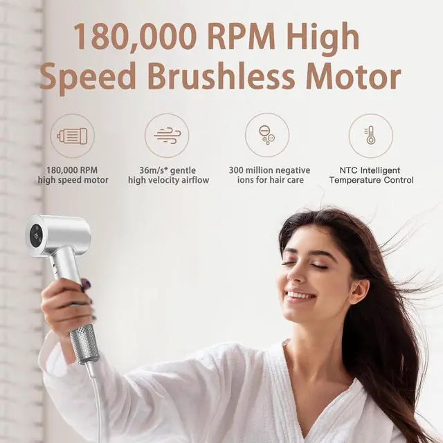 Alt view image 2 of 7 - Hair Dryer, 180000 RPM Professional High Speed Blow Dryer Negative Ionic Care Hair Dryer for Fast Drying, Low Noise, HD Display Hairdryer for Curly Straightener, Thermo-Control Hairdryer with Nozzle