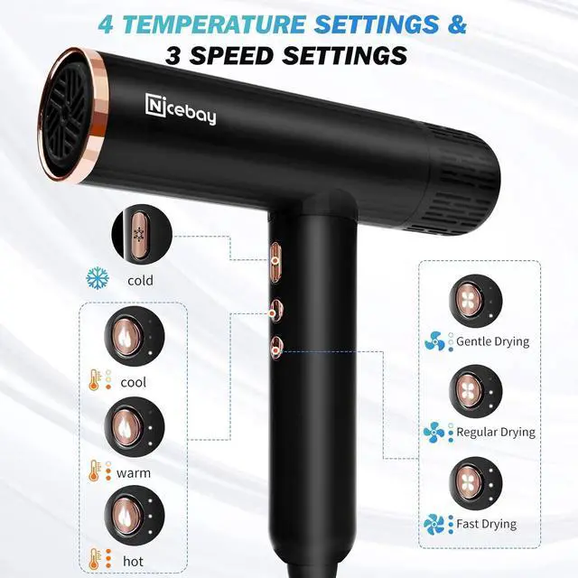 Alt view image 3 of 7 - Ionic Hair Dryer with Diffuser, Professional Blow Dryer with 3 Attachments, 110000RPM High-Speed Brushless Motor for Fast Drying, Lightweight, Low Noise, 1600W