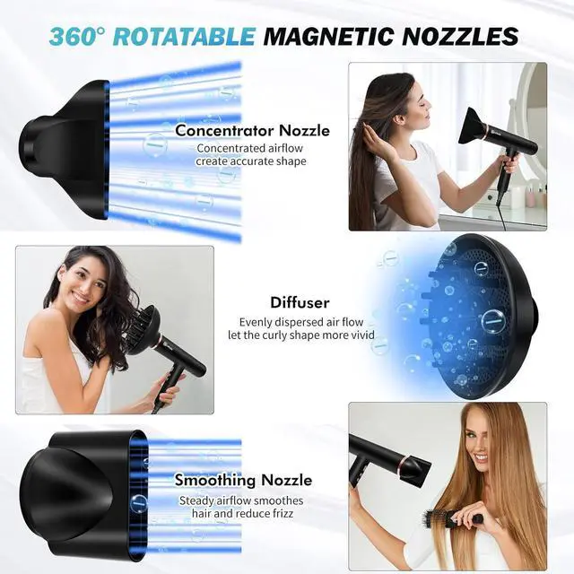 Alt view image 4 of 7 - Ionic Hair Dryer with Diffuser, Professional Blow Dryer with 3 Attachments, 110000RPM High-Speed Brushless Motor for Fast Drying, Lightweight, Low Noise, 1600W