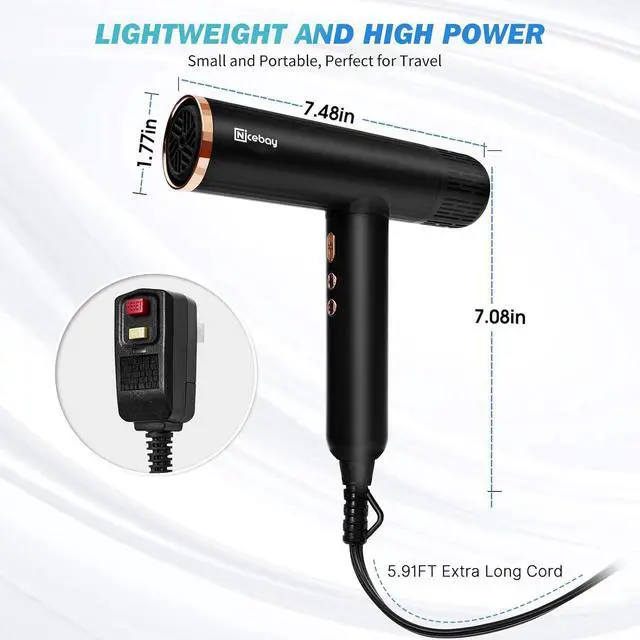 Alt view image 7 of 7 - Ionic Hair Dryer with Diffuser, Professional Blow Dryer with 3 Attachments, 110000RPM High-Speed Brushless Motor for Fast Drying, Lightweight, Low Noise, 1600W