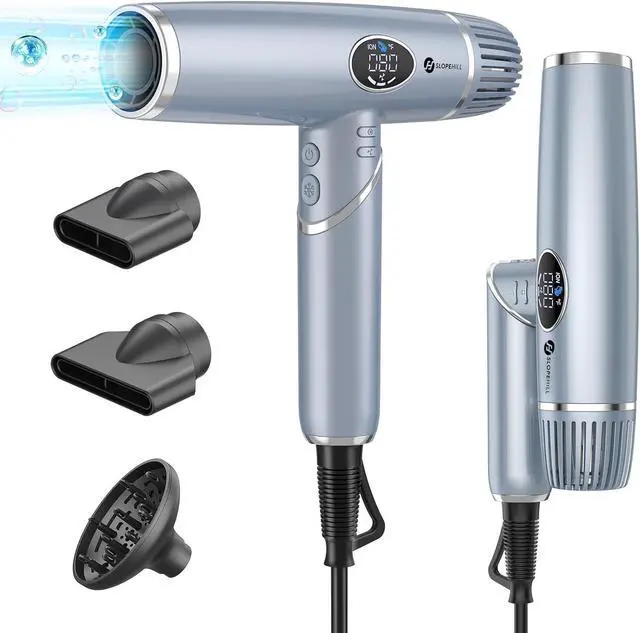 Main image of Hair Dryer, slopehill Professional Foldable Blow Dryer, Ionic Hairdryer, High-Speed Blowdryer for Fast Drying, Portable Compact for Travel, Magnetic Diffuser & Nozzle, LCD Display