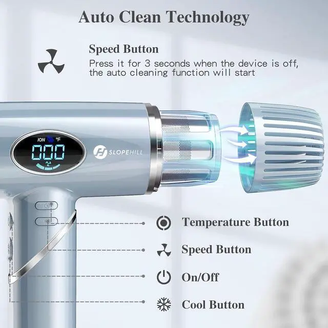 Alt view image 4 of 6 - Hair Dryer, slopehill Professional Foldable Blow Dryer, Ionic Hairdryer, High-Speed Blowdryer for Fast Drying, Portable Compact for Travel, Magnetic Diffuser & Nozzle, LCD Display