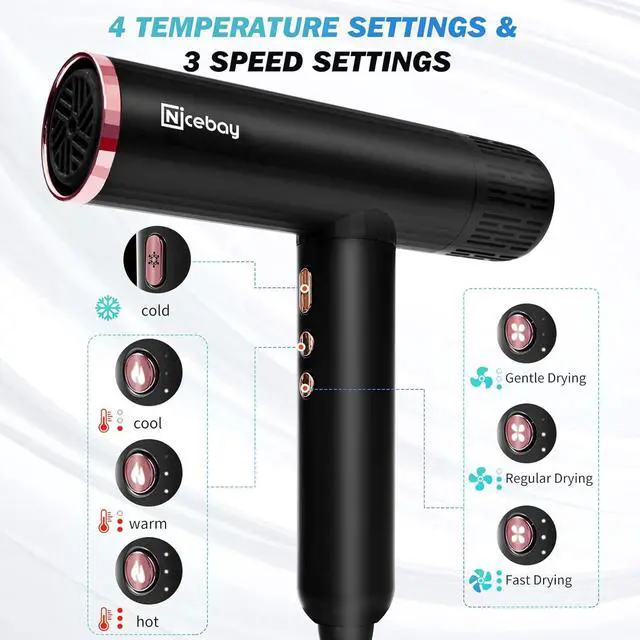 Alt view image 3 of 7 - Ionic Hair Dryer with Diffuser, Professional Blow Dryer with 3 Attachments, 110000RPM High-Speed Brushless Motor for Fast Drying, Lightweight, Low Noise, 1600W