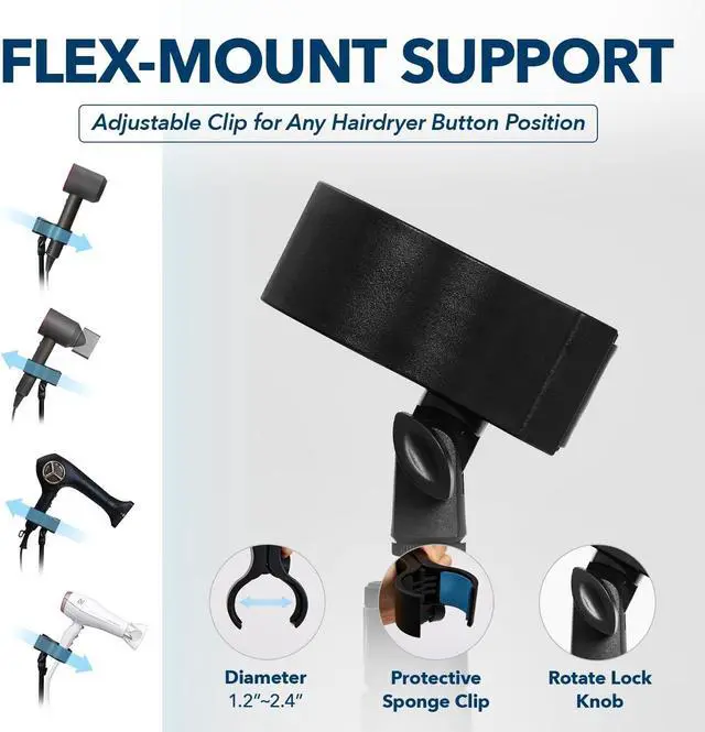 Alt view image 4 of 7 - Hair Dryer Stand  Heavy Duty 26-74 Inch Adjustable Blow Dryer Holder with Non-Slip Tripod and Universal Clip  Hands Free for Frozen Shoulder, Arthritis, and Wrist Pain Relief