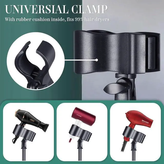 Alt view image 4 of 7 - Hair Dryer Stand Holder Hands Free 59in/150cm Height Adjustable Blower Stand with Upgraded Larger Clamp, 180 Degrees Rotatable Heavy Duty Blow Dryer Floor Stand Countertop Stand Holder