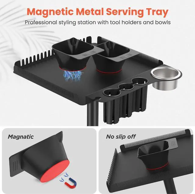 Alt view image 3 of 7 - Rolling Salon Tray on Wheels, Metal Hairstylist Tray Rolling Cart for Hair Salon Station with 2 Magnetic Hair Color Bowls, Salon Trolley Cart with Holder and Hair Separator Stand