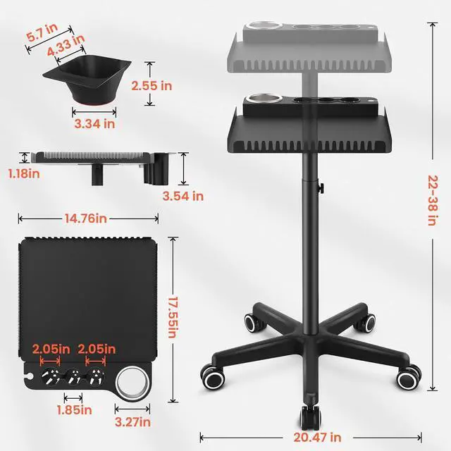 Alt view image 6 of 7 - Rolling Salon Tray on Wheels, Metal Hairstylist Tray Rolling Cart for Hair Salon Station with 2 Magnetic Hair Color Bowls, Salon Trolley Cart with Holder and Hair Separator Stand