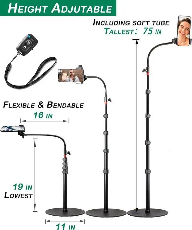 Alt view image 3 of 7 - Phone Overhead Stand, Gooseneck Phone Floor Stand, Tall Video Cell Phone Mount with Height Adjustable Stand, Heavy Base, 360 Head, Works with iPhone 16, iPhone 16 Pro Max, iPhone 16 Plus, 15, 14, 13