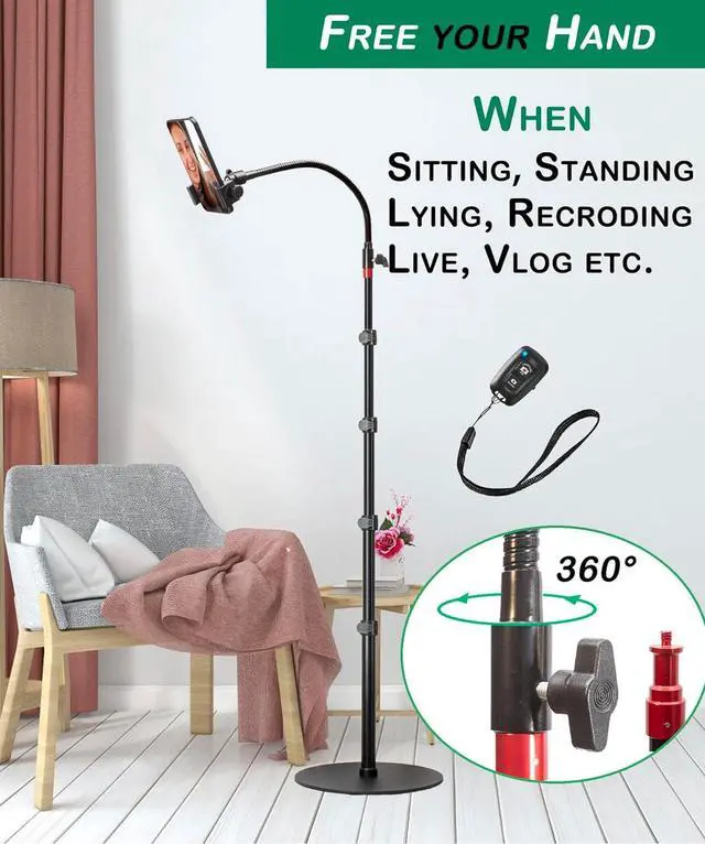Alt view image 6 of 7 - Phone Overhead Stand, Gooseneck Phone Floor Stand, Tall Video Cell Phone Mount with Height Adjustable Stand, Heavy Base, 360 Head, Works with iPhone 16, iPhone 16 Pro Max, iPhone 16 Plus, 15, 14, 13