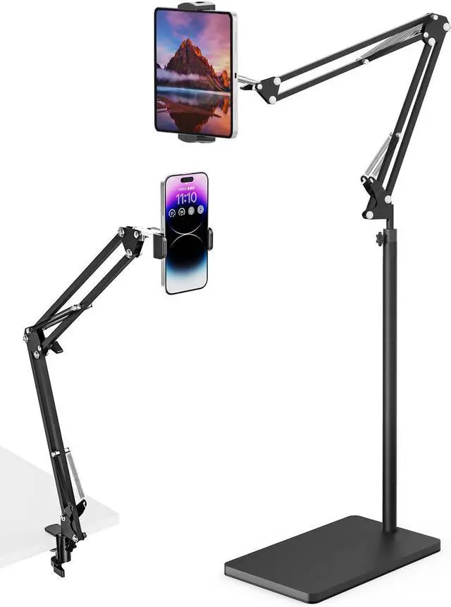 Main image of Tablet Floor Stand with 11lb Stable Base & Desk Clamp, Adjustable Height Stretchable Arm Swivel Dual Holder, Compatible with iPhone, iPad Pro Air Mini, Galaxy Tab, Kindle, Phones (4.5''-13'')