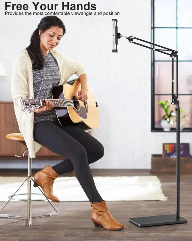 Alt view image 3 of 7 - Tablet Floor Stand with 11lb Stable Base & Desk Clamp, Adjustable Height Stretchable Arm Swivel Dual Holder, Compatible with iPhone, iPad Pro Air Mini, Galaxy Tab, Kindle, Phones (4.5''-13'')