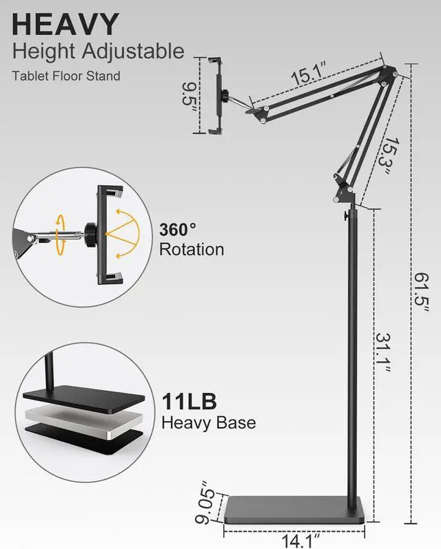 Alt view image 4 of 7 - Tablet Floor Stand with 11lb Stable Base & Desk Clamp, Adjustable Height Stretchable Arm Swivel Dual Holder, Compatible with iPhone, iPad Pro Air Mini, Galaxy Tab, Kindle, Phones (4.5''-13'')