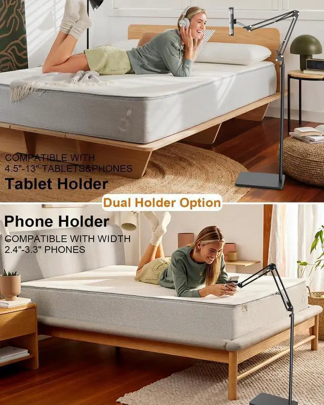 Alt view image 7 of 7 - Tablet Floor Stand with 11lb Stable Base & Desk Clamp, Adjustable Height Stretchable Arm Swivel Dual Holder, Compatible with iPhone, iPad Pro Air Mini, Galaxy Tab, Kindle, Phones (4.5''-13'')