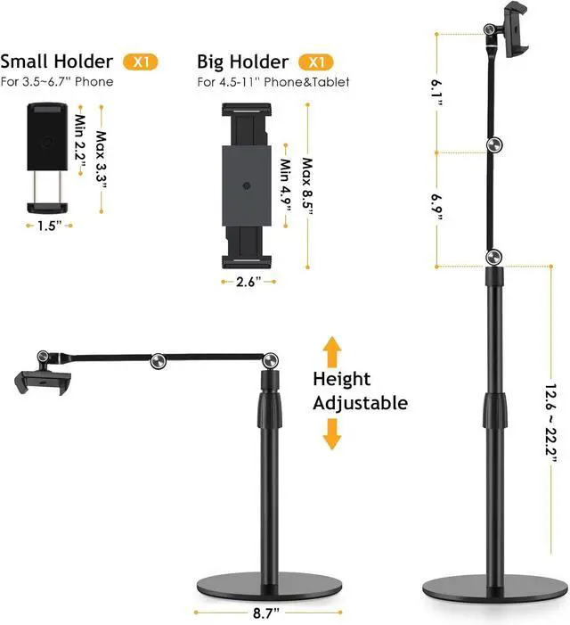 Alt view image 4 of 7 - Phone Stand Overhead Recording Stand, Adjustable Cell Phone Holder, Multiangle, 3-Part Adujustable,Horizontal Recording Stand, Compatible with 3.5-11" Phone/iPad Mini/iPhone, Black